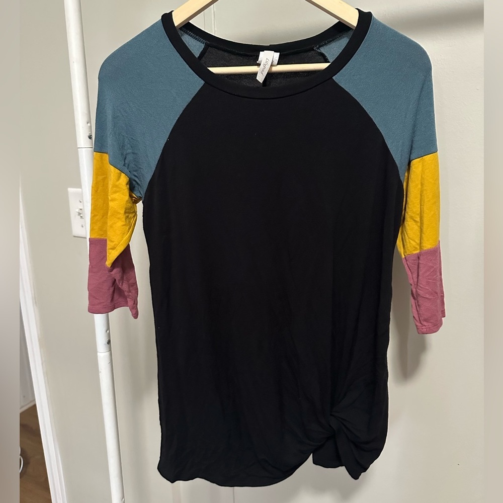 Lily Pad Women’s Black Teal Mauve Yellow Colorblock 3/4 Sleeve Shirt size medium